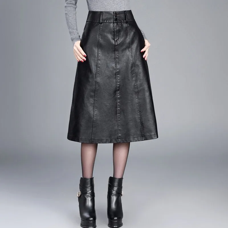 A-line PU Leather Skirt  High Waist Chic Loose Casual Office