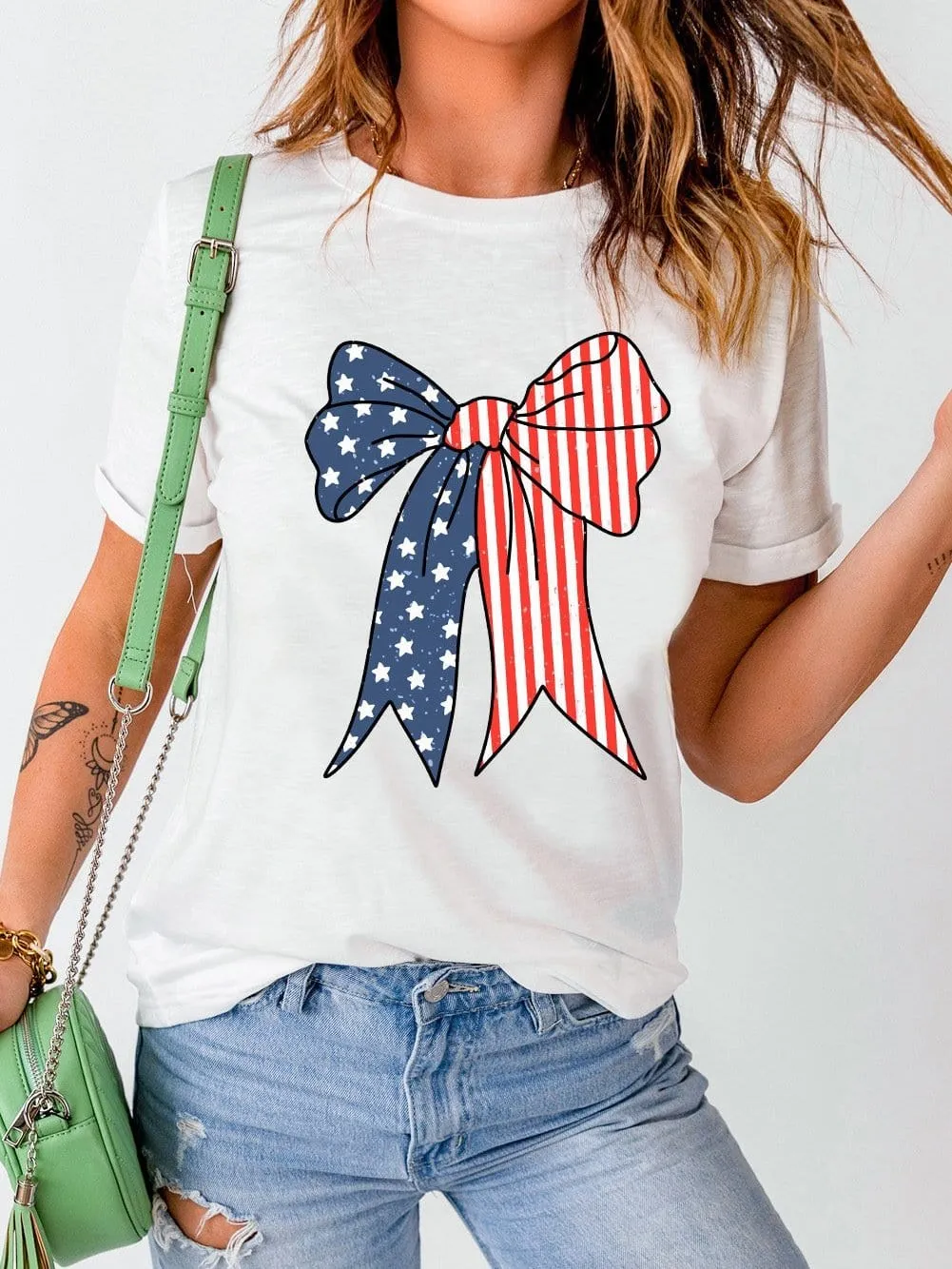 American Flag Bow Knot Graphic Print Casual Tee