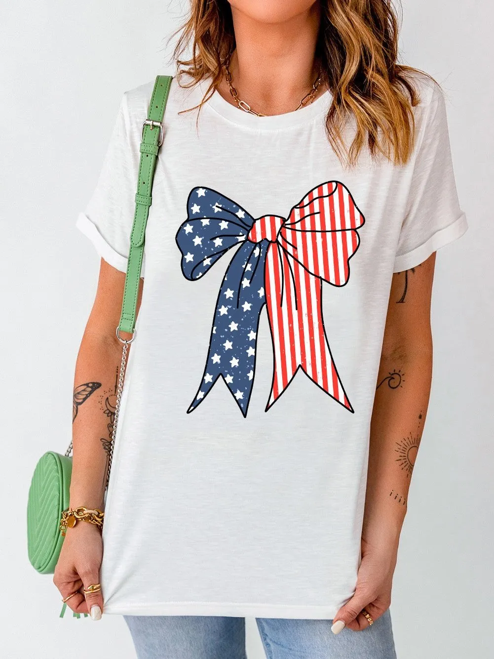 American Flag Bow Knot Graphic Print Casual Tee