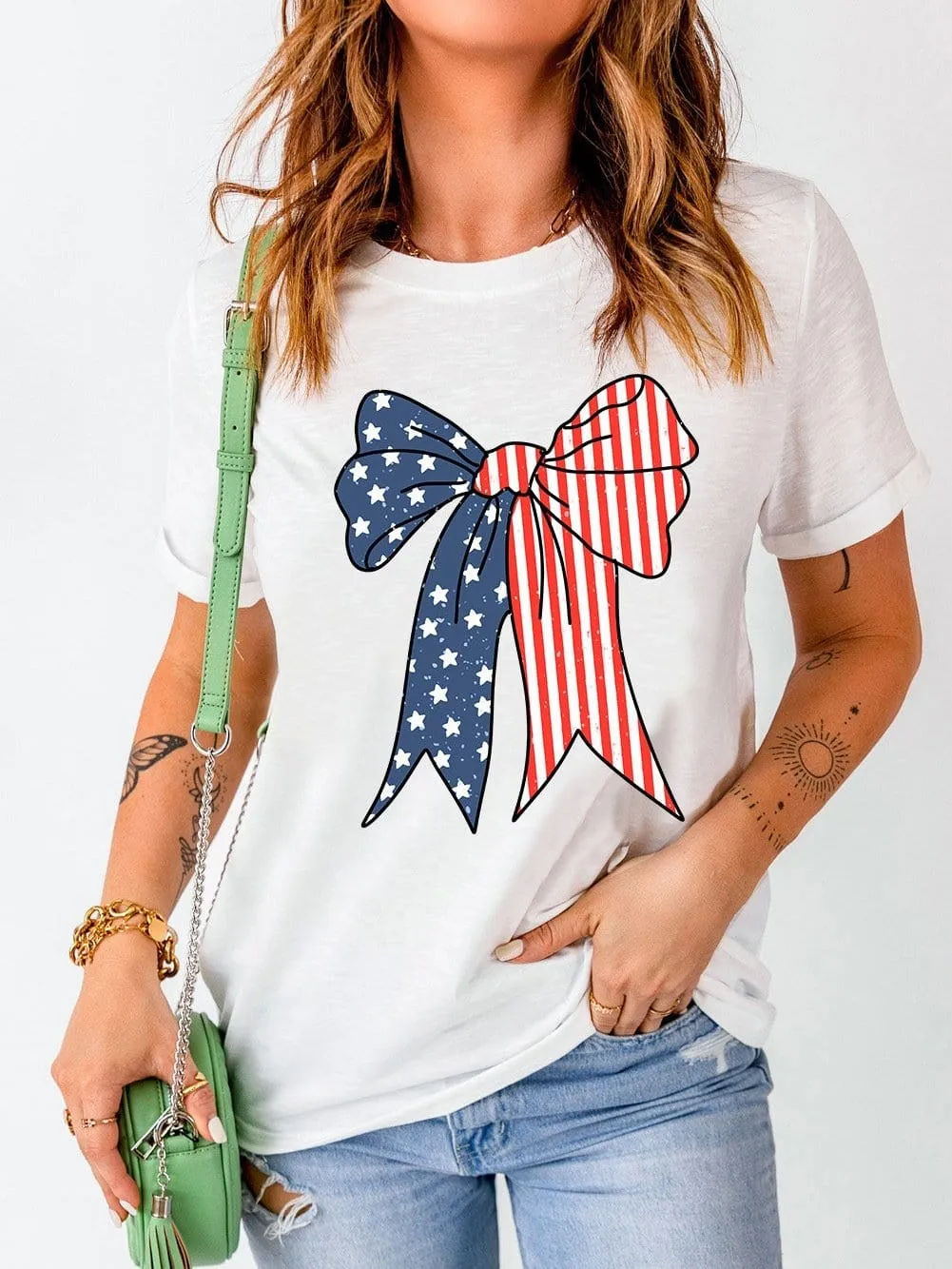 American Flag Bow Knot Graphic Print Casual Tee