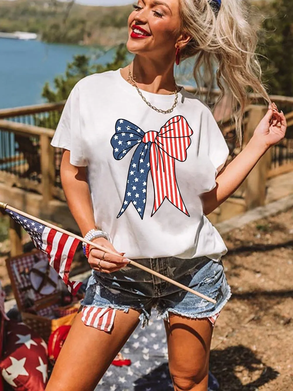 American Flag Bow Knot Graphic Print Casual Tee