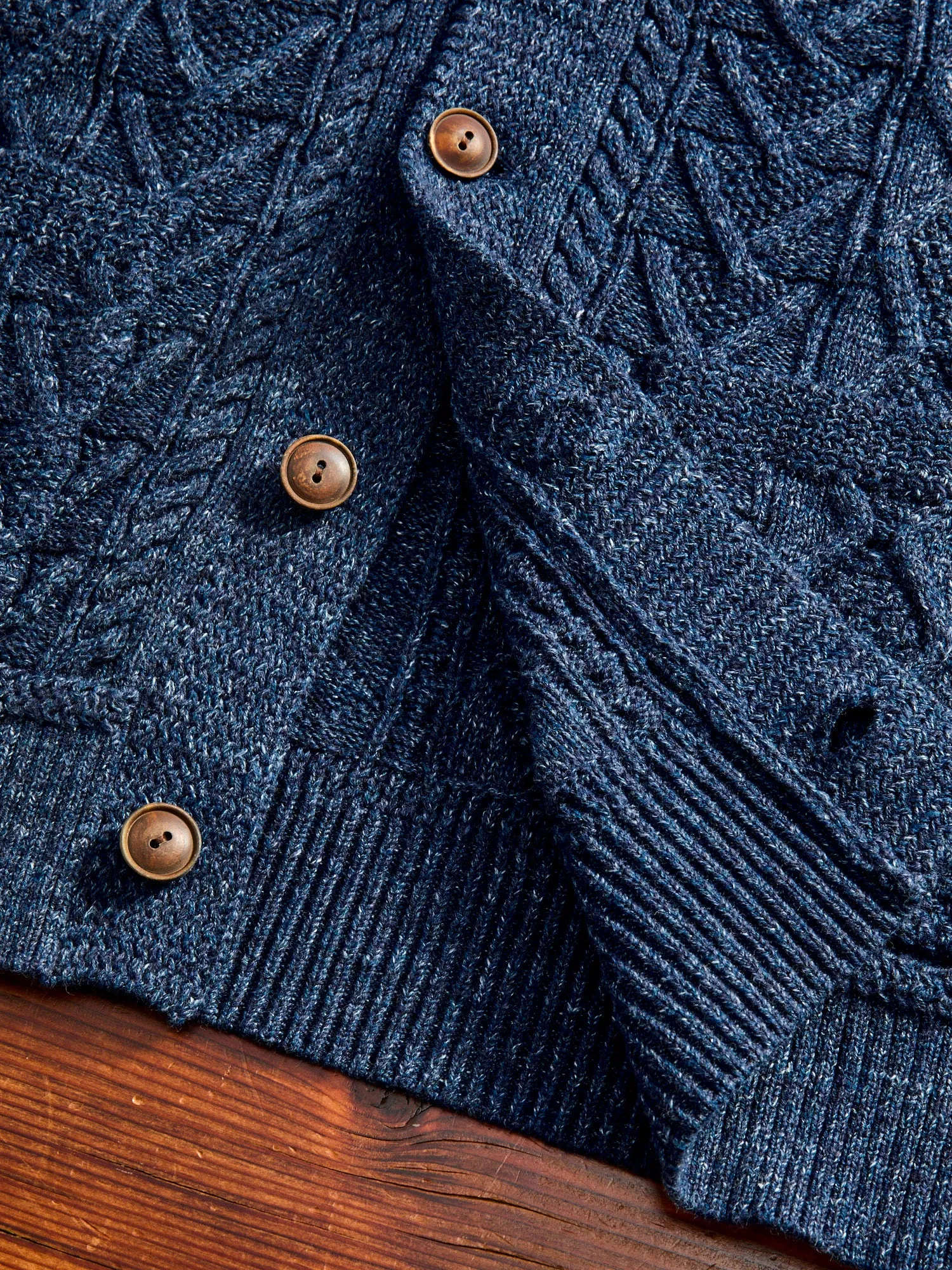 Aran-Knit Shawl Collar Cardigan in Navy Heather