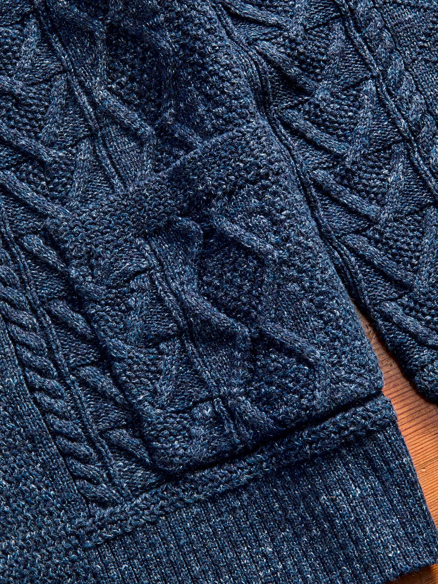 Aran-Knit Shawl Collar Cardigan in Navy Heather