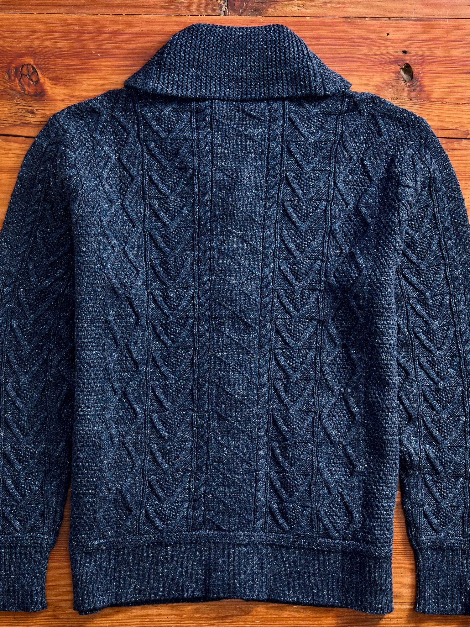 Aran-Knit Shawl Collar Cardigan in Navy Heather