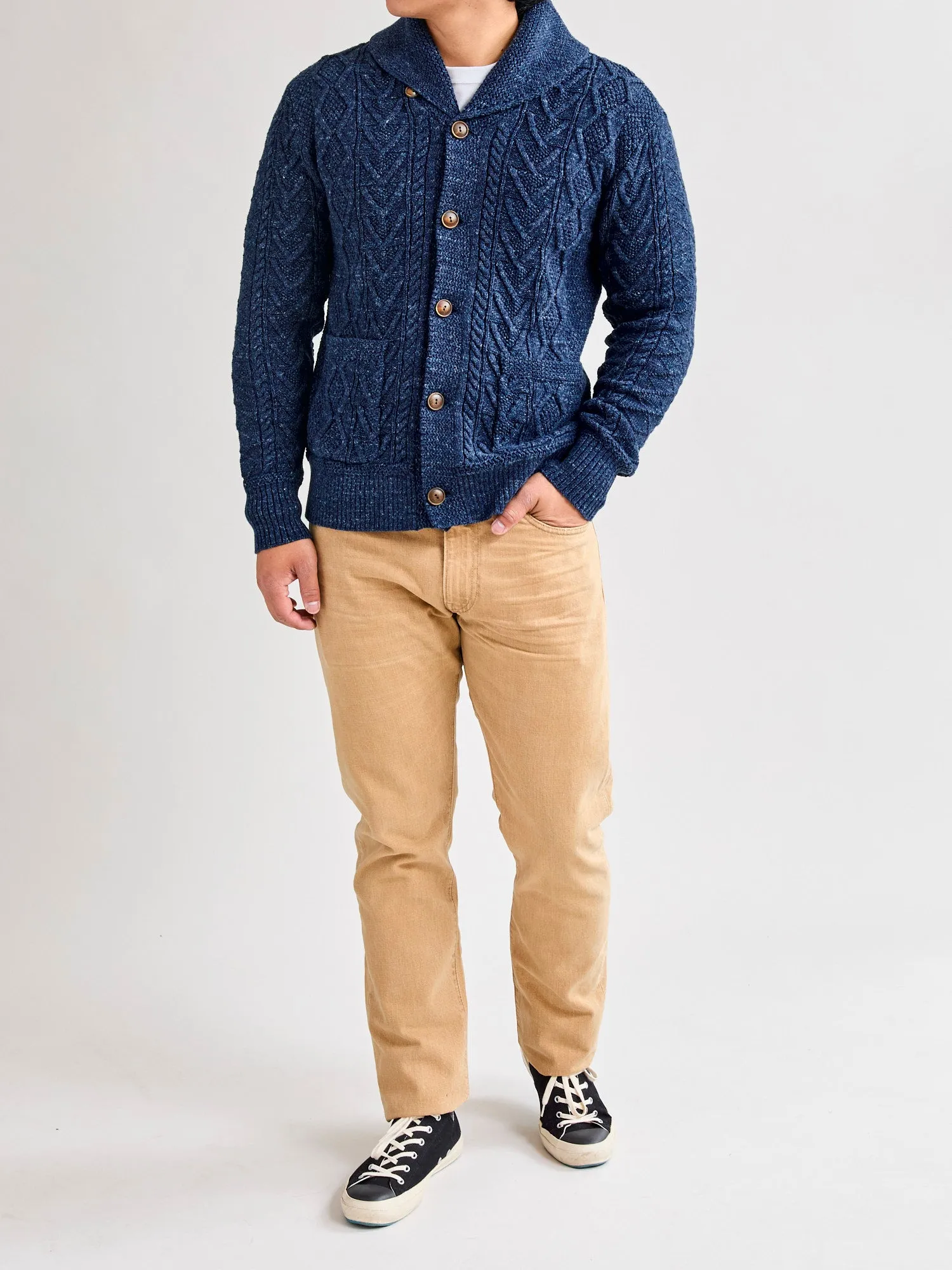 Aran-Knit Shawl Collar Cardigan in Navy Heather