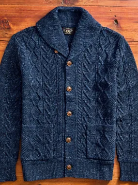 Aran-Knit Shawl Collar Cardigan in Navy Heather