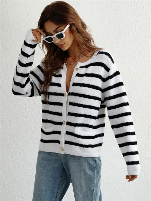 Black-White Striped Knit Cardigan Basic Knitwear