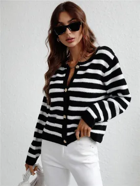 Black-White Striped Knit Cardigan Basic Knitwear