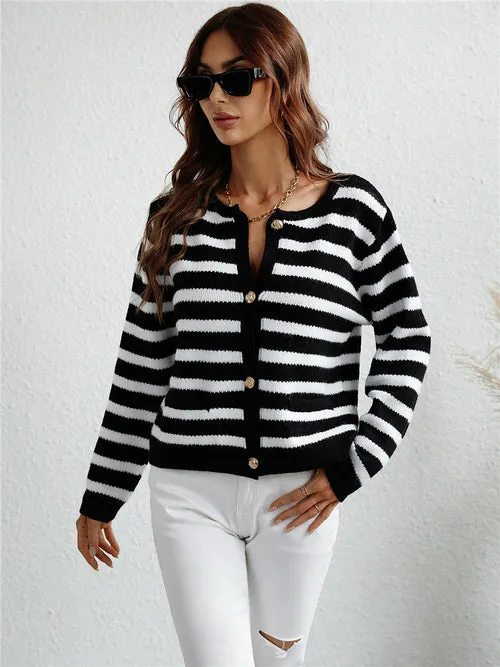 Black-White Striped Knit Cardigan Basic Knitwear