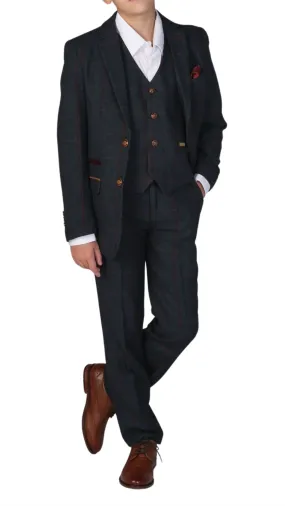 Boys 3 Piece Navy Tweed Check Suit