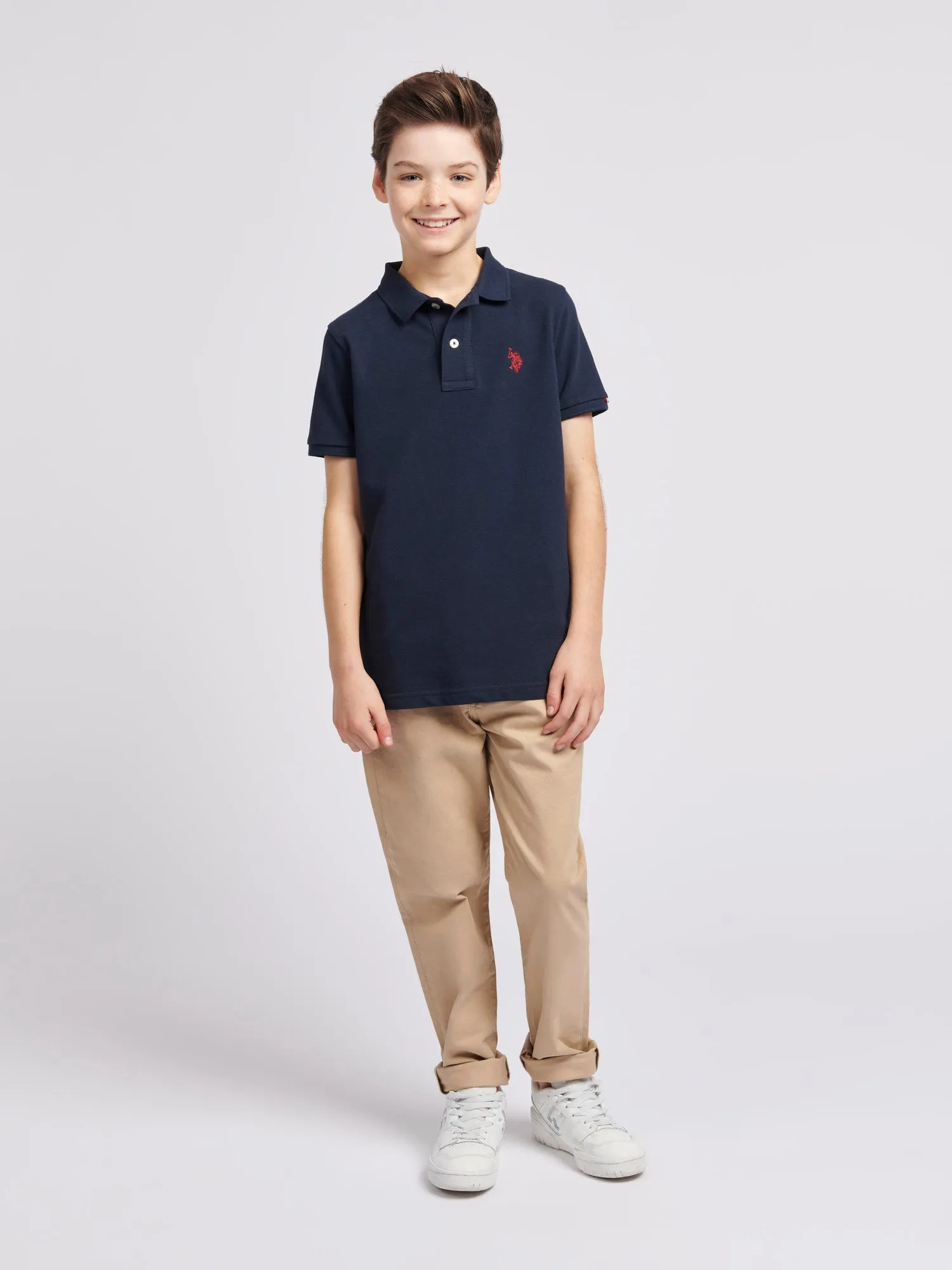 Boys Double Horsemen Polo Shirt in Dark Sapphire Navy / Haute Red DHM