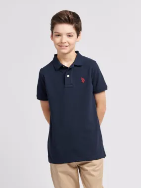 Boys Double Horsemen Polo Shirt in Dark Sapphire Navy / Haute Red DHM