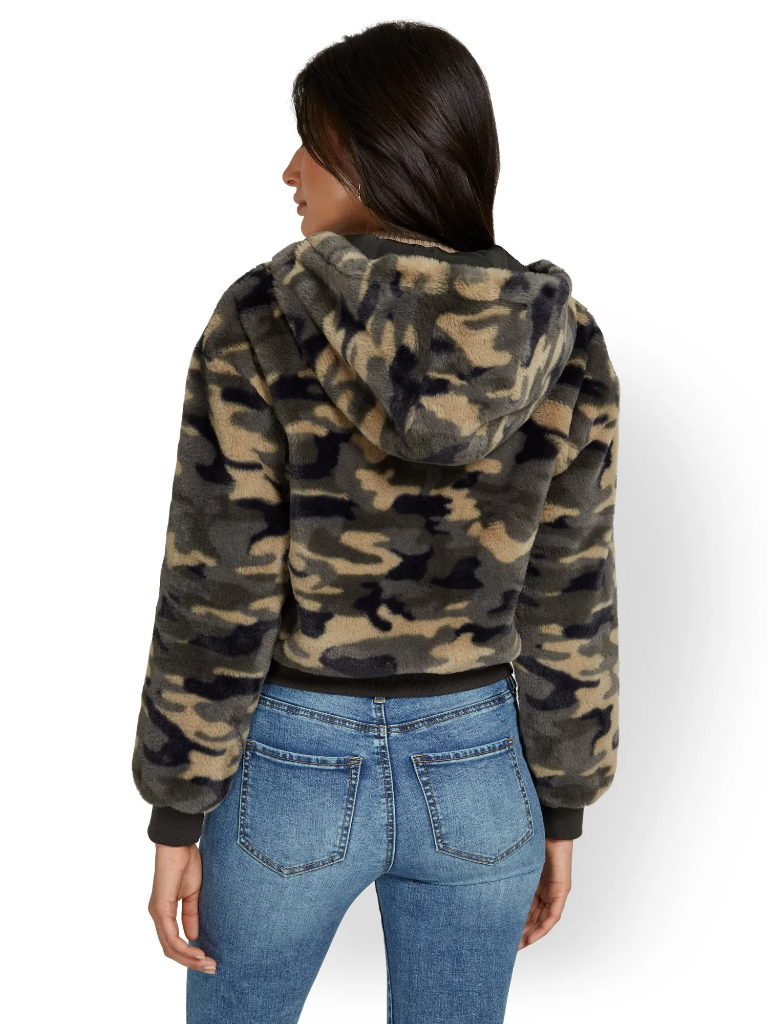 Camo-Print Reversible Hooded Faux-Fur Jacket