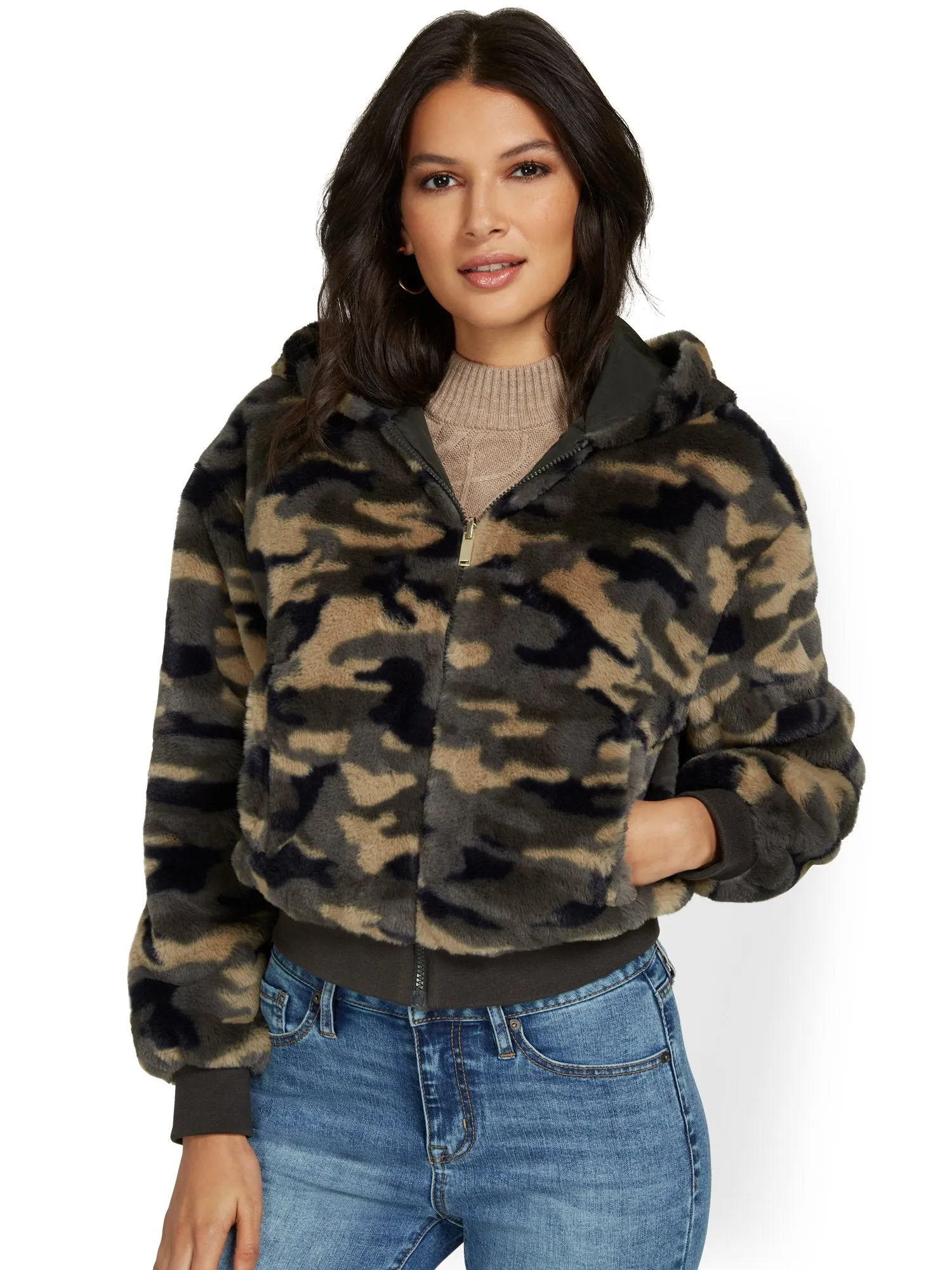 Camo-Print Reversible Hooded Faux-Fur Jacket