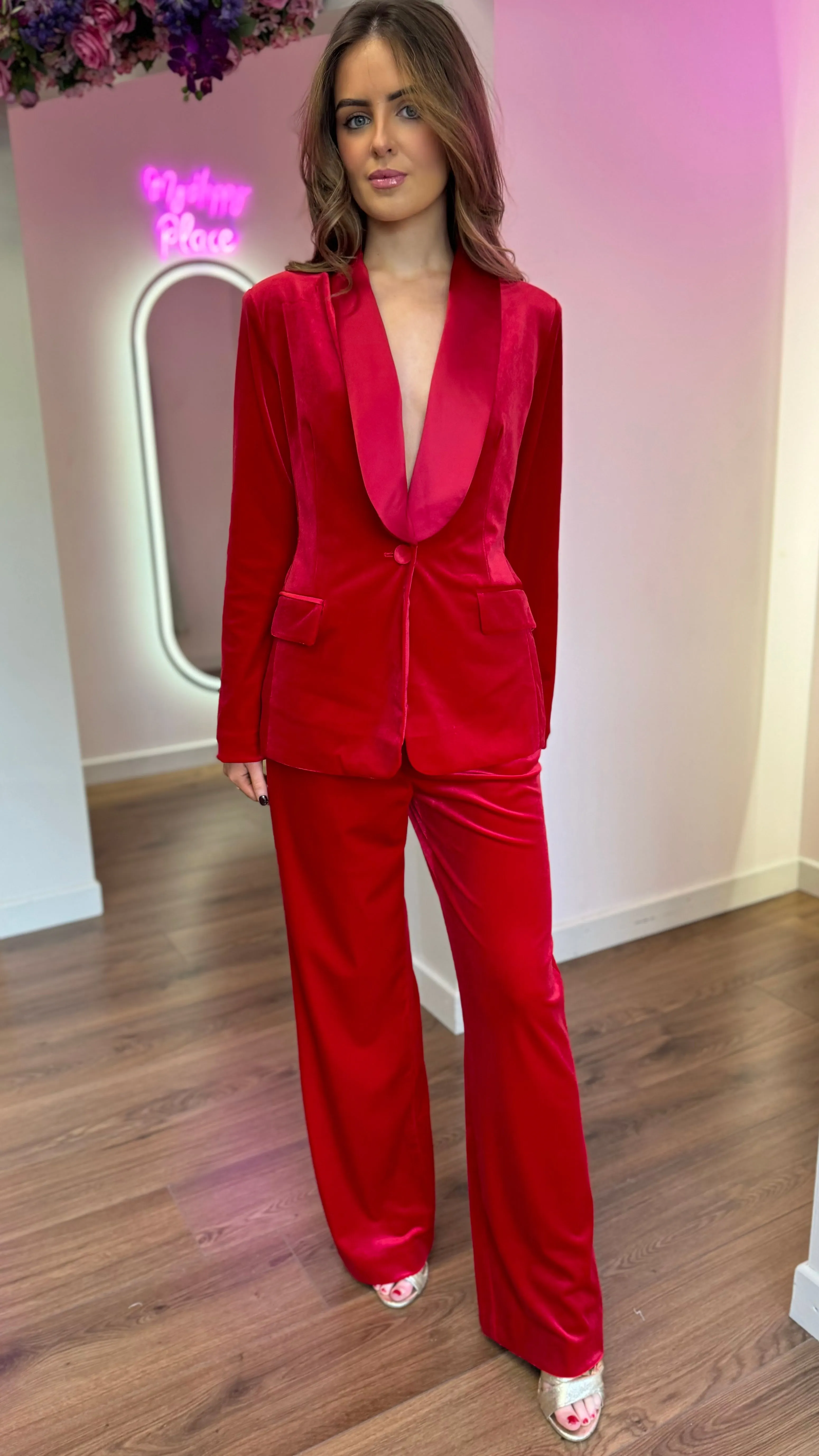 Carina Red Velvet Trousers & Blazer Co-Ord