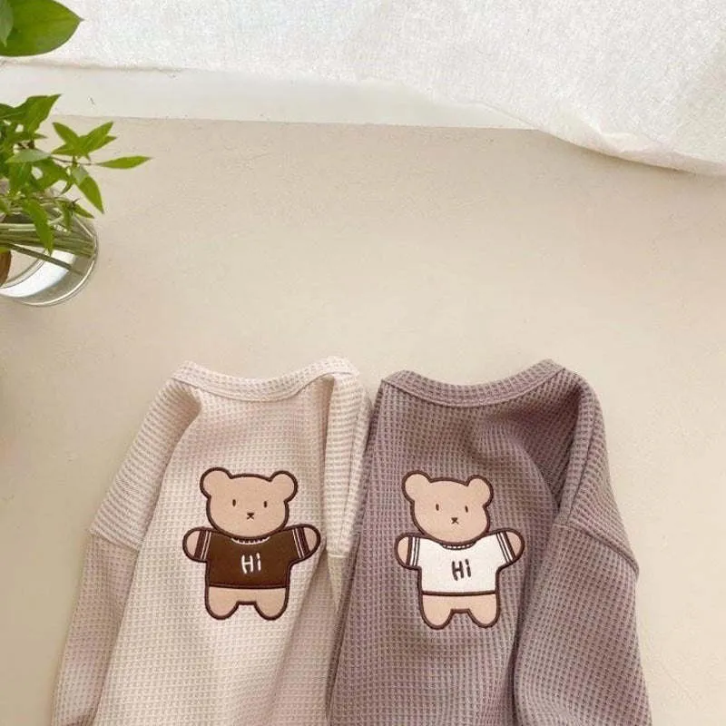 Cartoon Bear Embroidered Pattern Waffle Fabric Hoodies