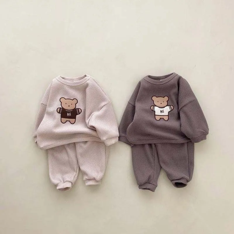 Cartoon Bear Embroidered Pattern Waffle Fabric Hoodies