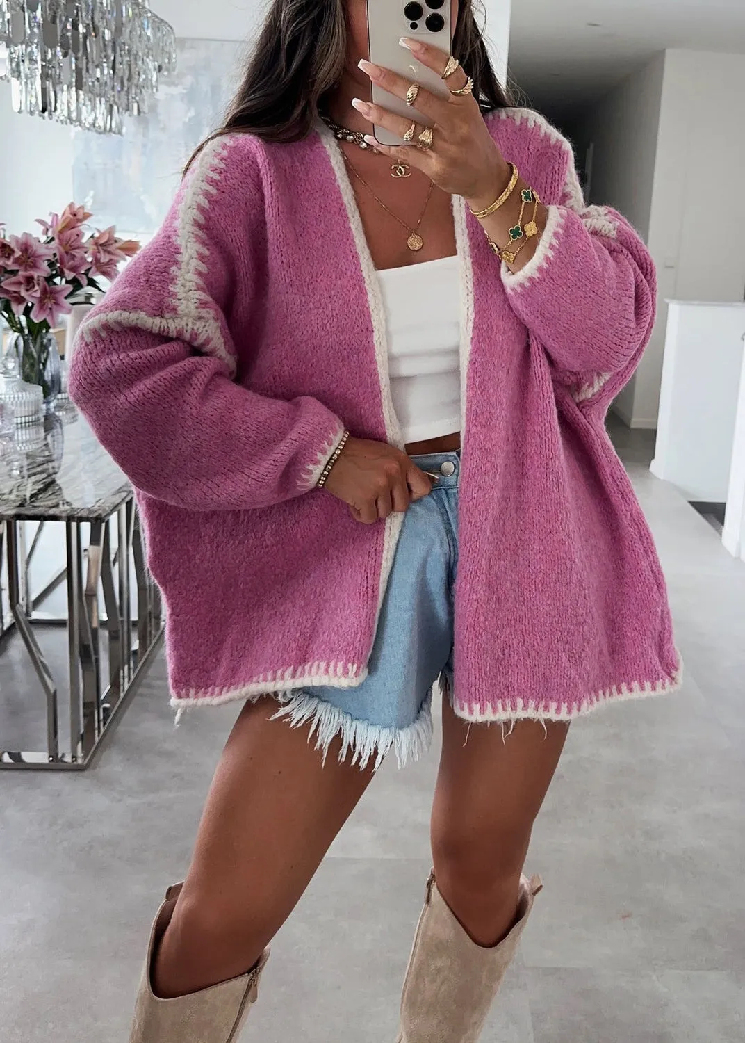 Casual Plus Size Pink V Neck Knit Loose Cardigans Fall QY026