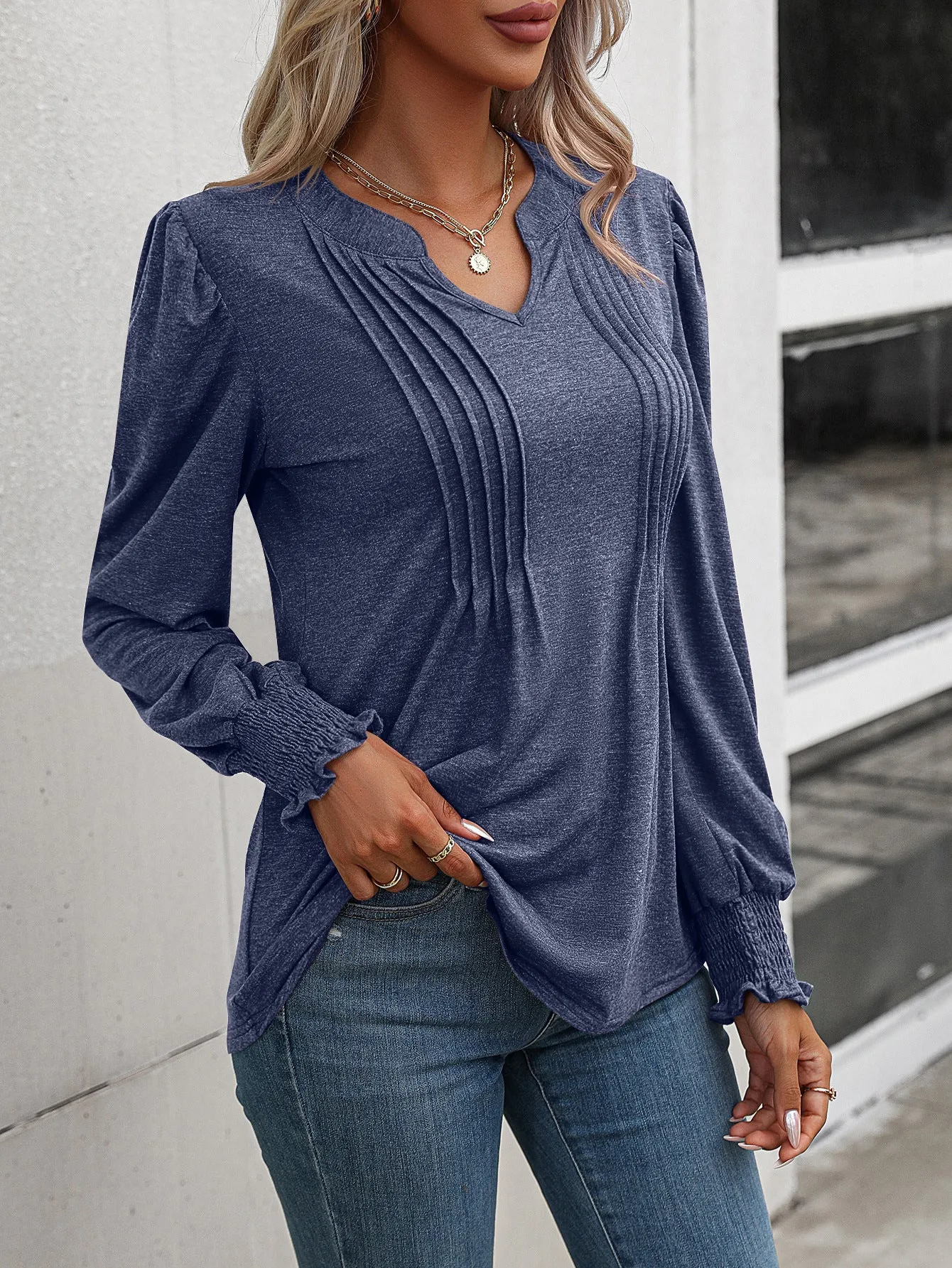 Casual Top Bubble Sleeve Wrap V-Neck Long Sleeve T-Shirt