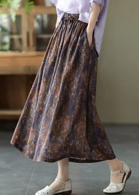 Chic Khaki Print Patchwork A Line Skirt Linen Fall