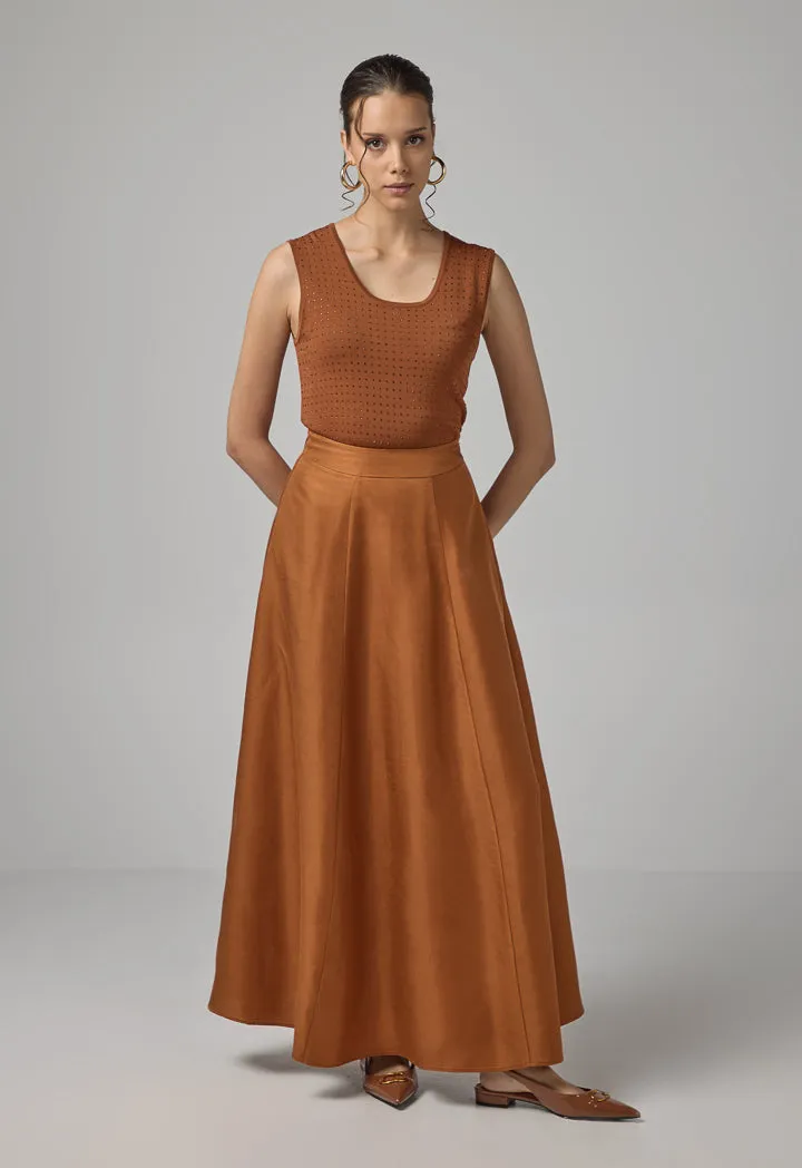 Choice Solid Flared Maxi Skirt Caramel