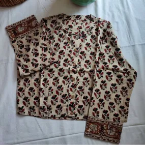 Creamy Beige Pure Cotton Floral Handblock Printed Contemporary Blouse/Crop Top