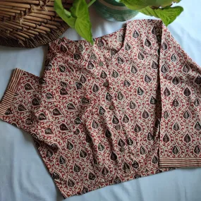 Crimson Red Pure Cotton Handblock Printed Contemporary Blouse/ Crop Top