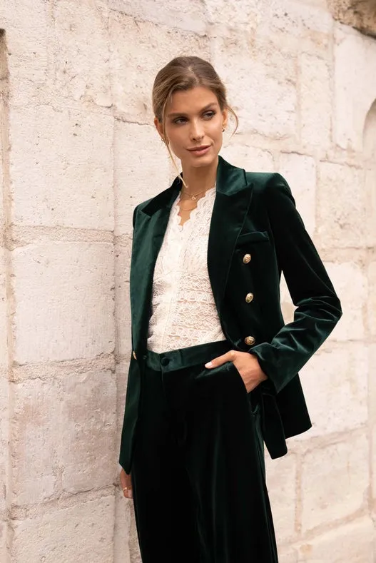 Double-Breasted Velvet Jacket With Gold Buttons Bottle Green