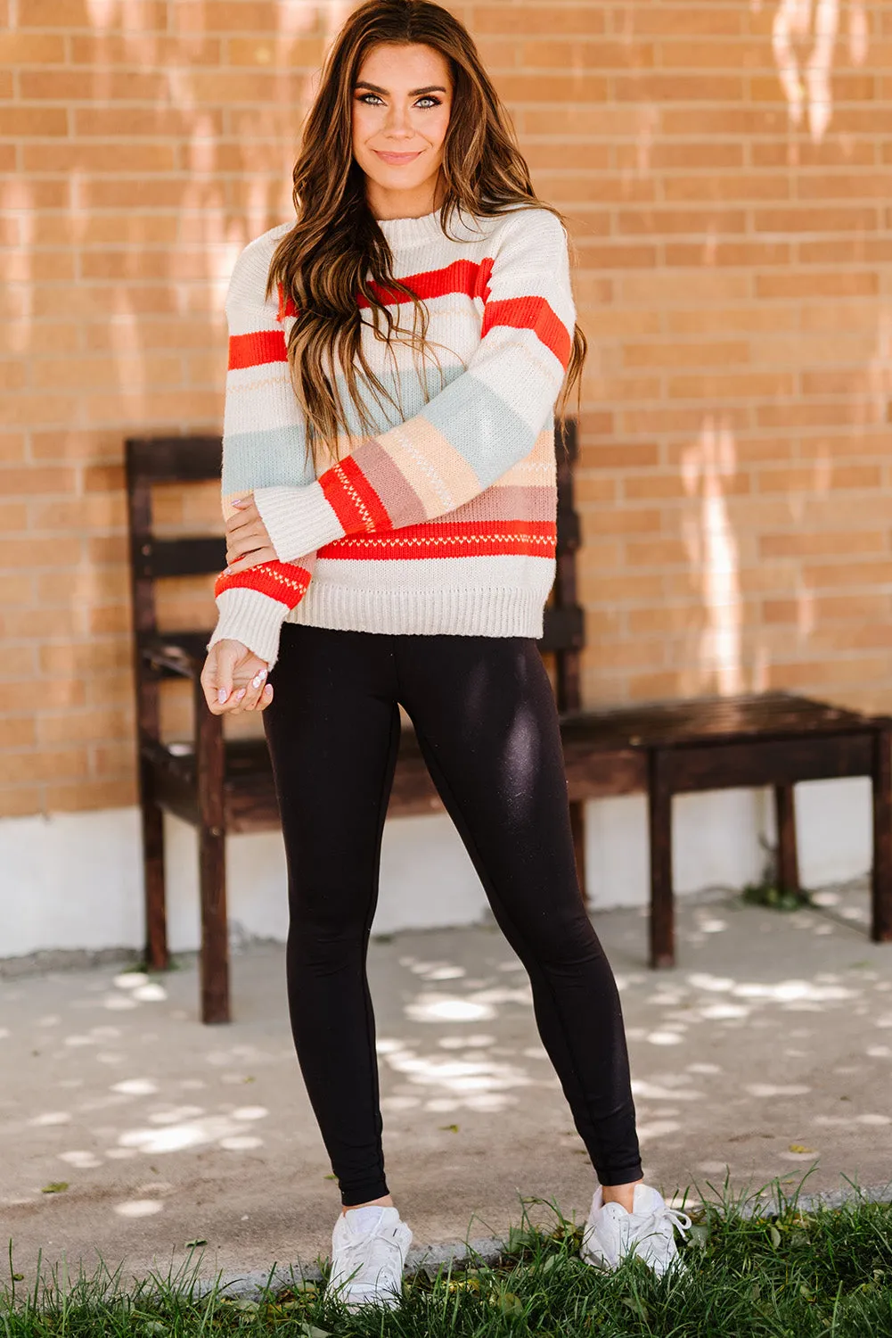 Drop-shoulder Crew Neck Striped Color Block Sweater