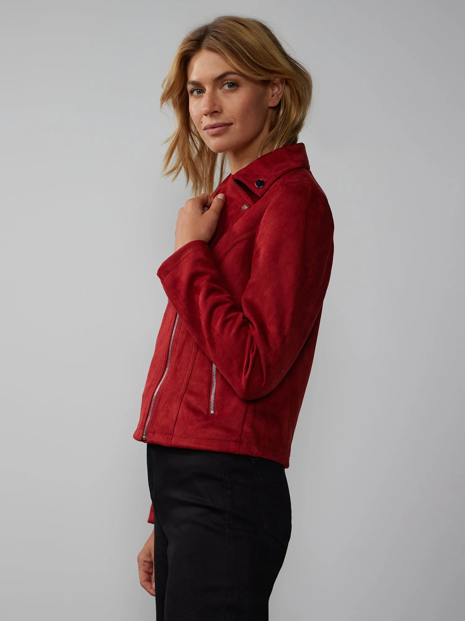 Faux-Suede Notch Lapel Moto Jacket