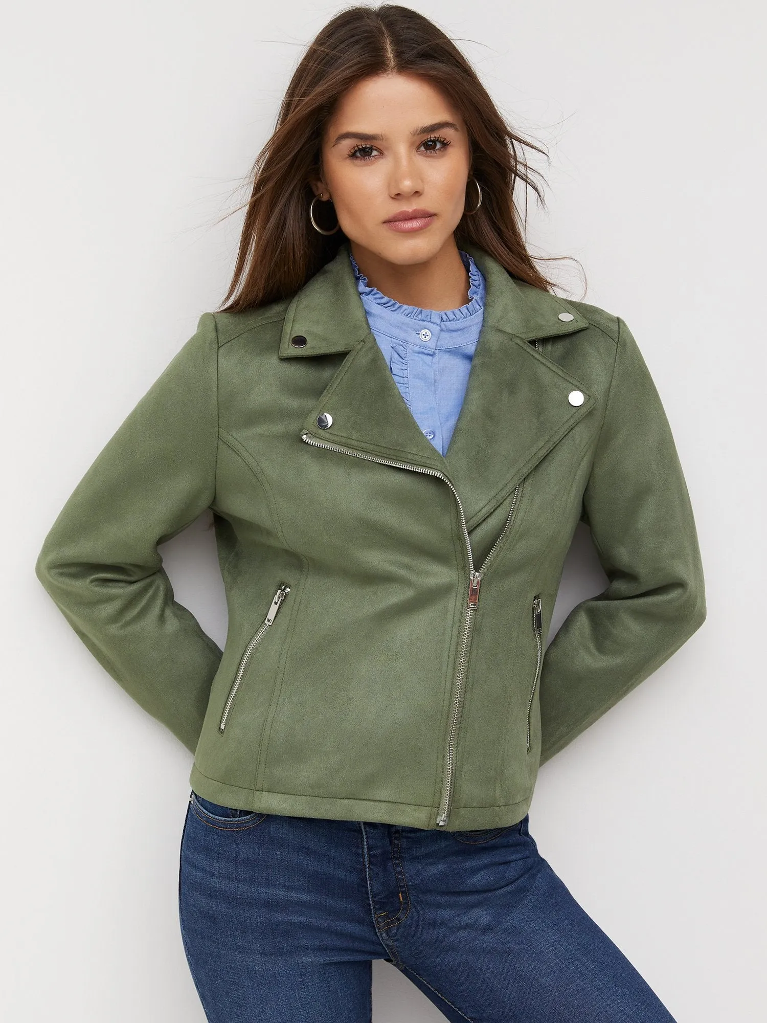 Faux-Suede Notch Lapel Moto Jacket