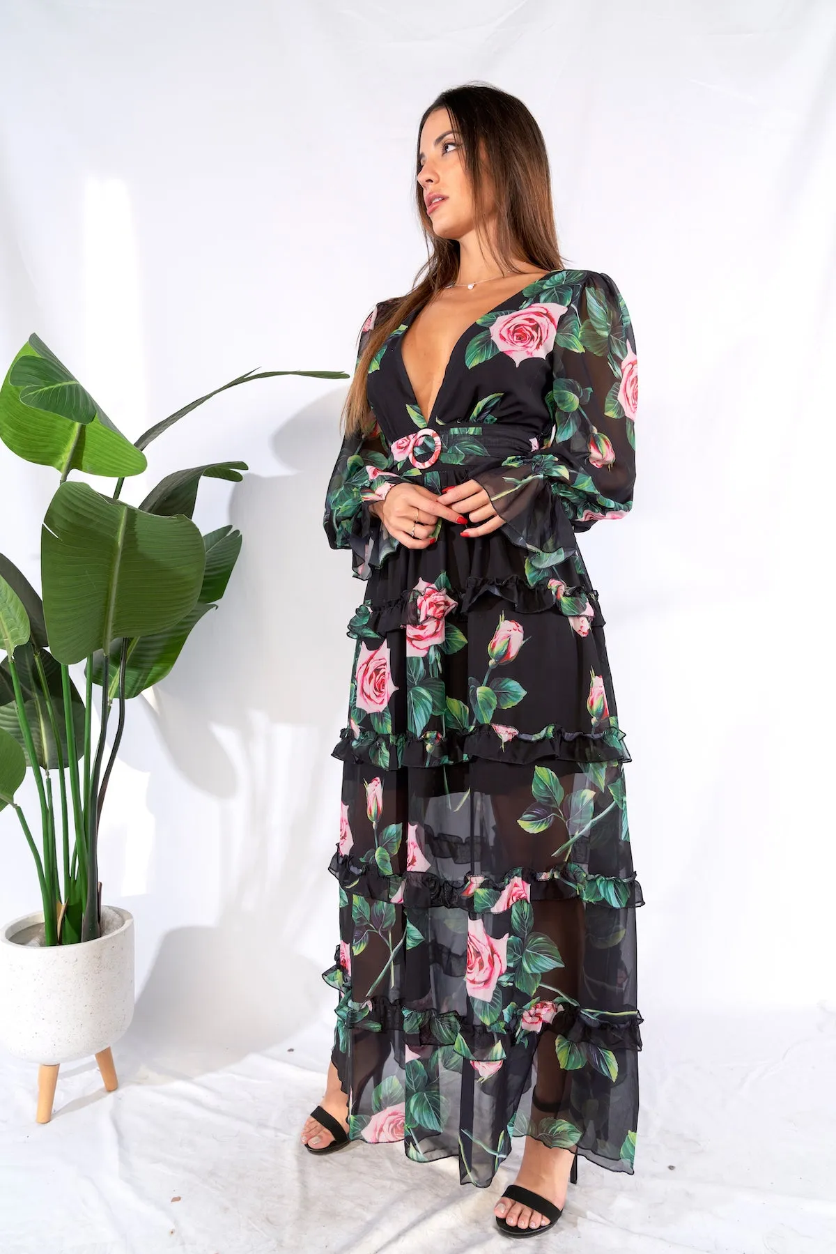 Floral Print Deep V-Neck Maxi Dress