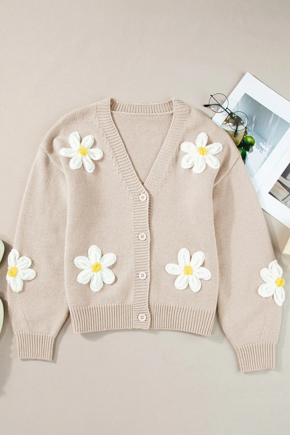 Flower Dropped Shoulder Long Sleeve Cardigan