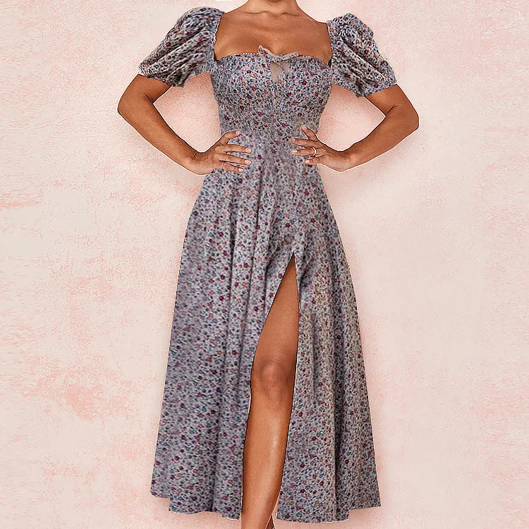 French Floral Printed Backless Long Dress