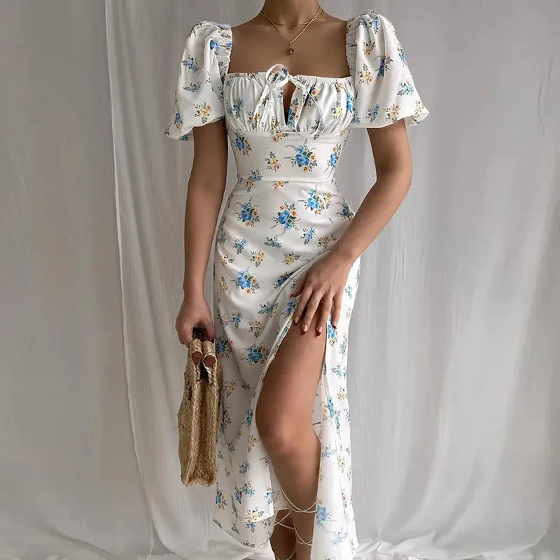 French Floral Printed Backless Long Dress