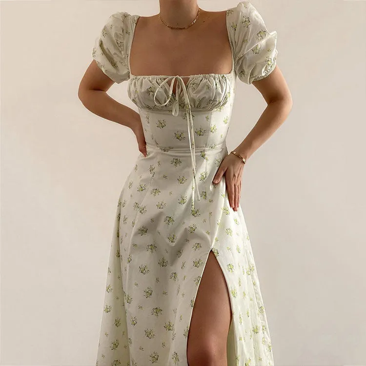 French Floral Printed Backless Long Dress