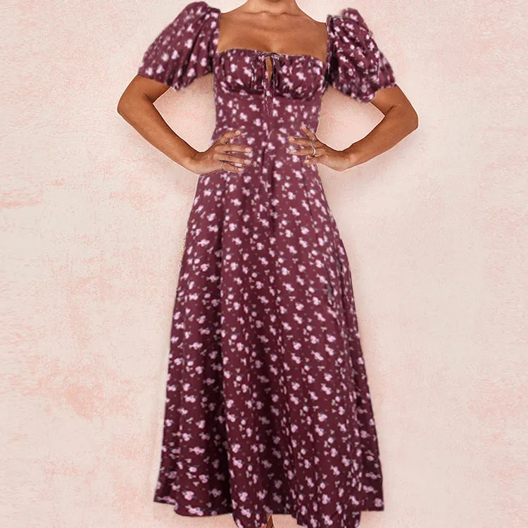 French Floral Printed Backless Long Dress