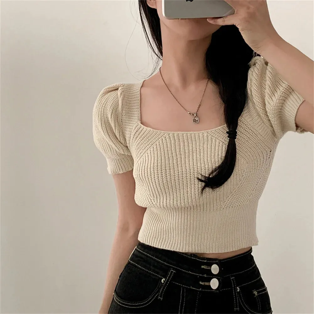 Girlary Chic Knitwear Summer Sweaters Backless Sexy OL Women Slim Square Collar Office Lady Tees Soft Short Sleeve Gentle