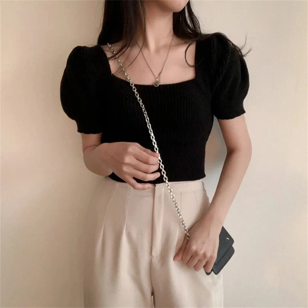 Girlary Chic Knitwear Summer Sweaters Backless Sexy OL Women Slim Square Collar Office Lady Tees Soft Short Sleeve Gentle