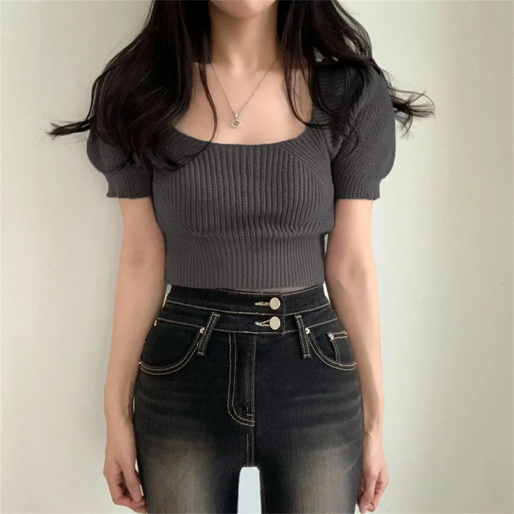 Girlary Chic Knitwear Summer Sweaters Backless Sexy OL Women Slim Square Collar Office Lady Tees Soft Short Sleeve Gentle