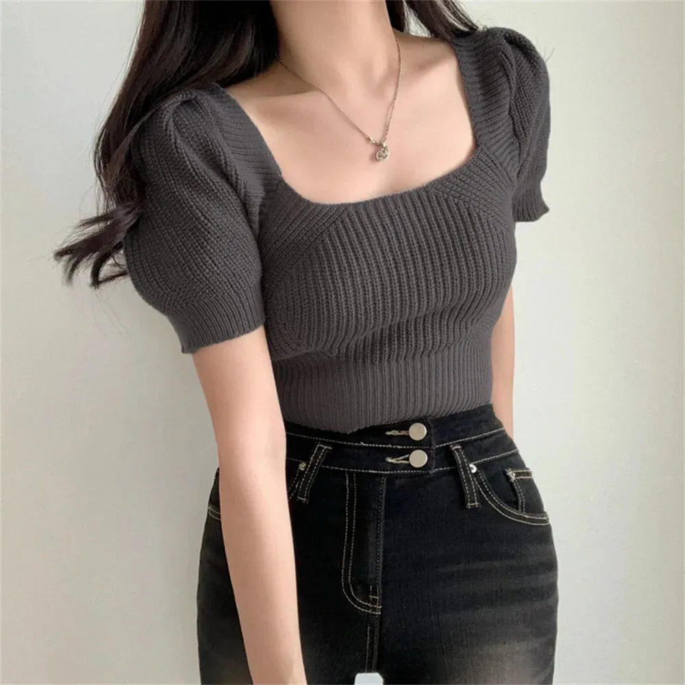 Girlary Chic Knitwear Summer Sweaters Backless Sexy OL Women Slim Square Collar Office Lady Tees Soft Short Sleeve Gentle