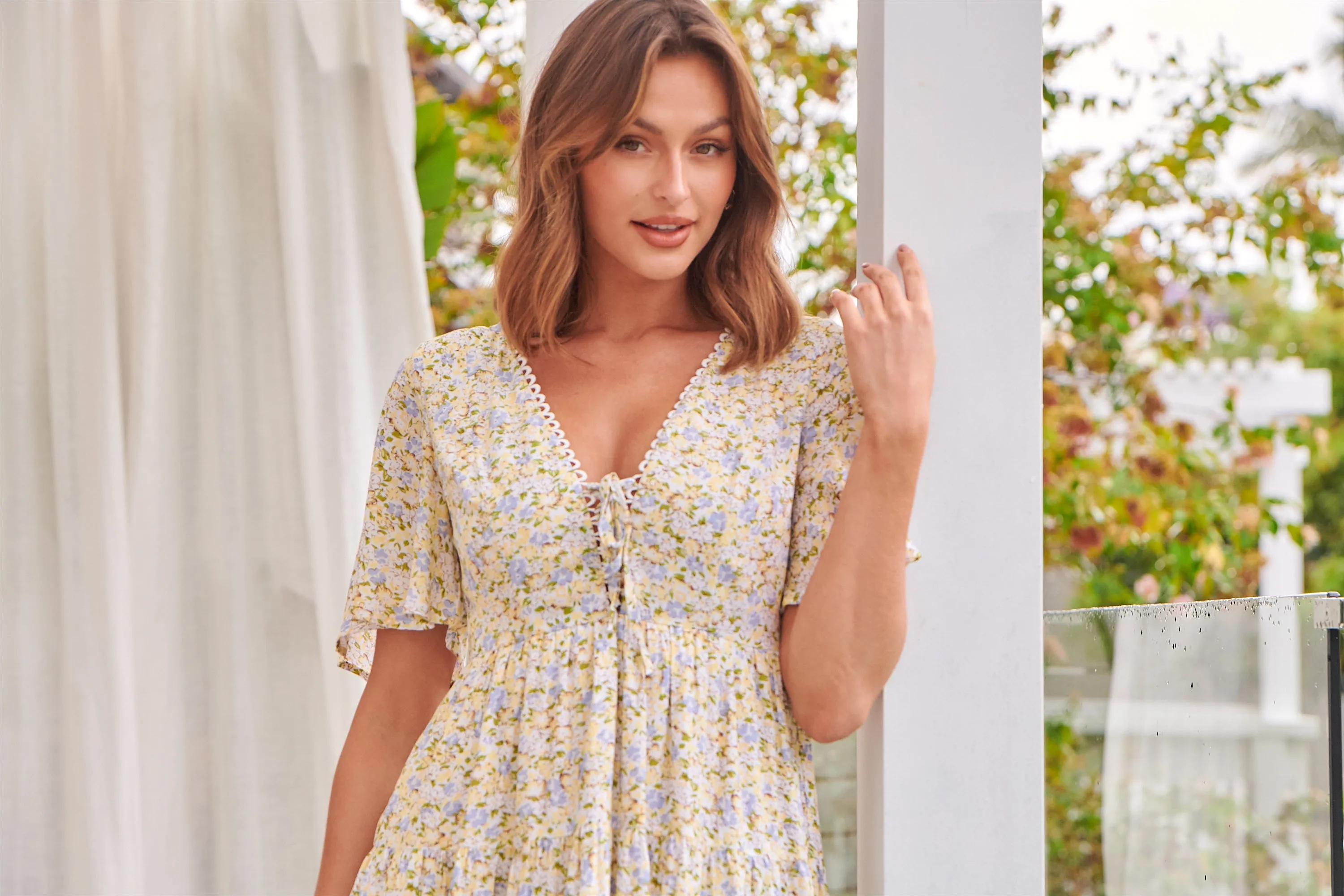 Juliana Tie Front Yellow Floral Print Dress