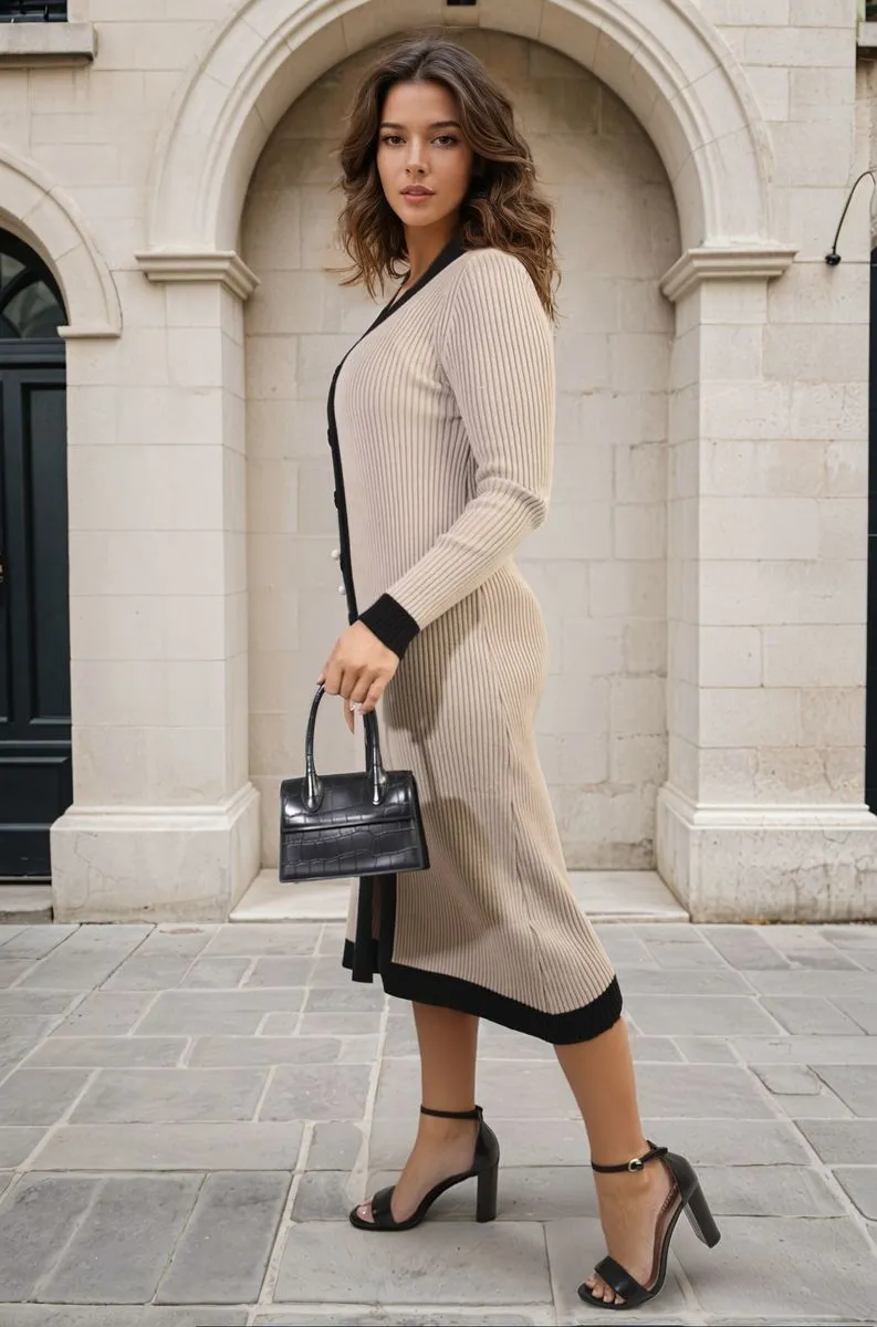 Knitted Contrast Trim Long Sleeve Midi Dress