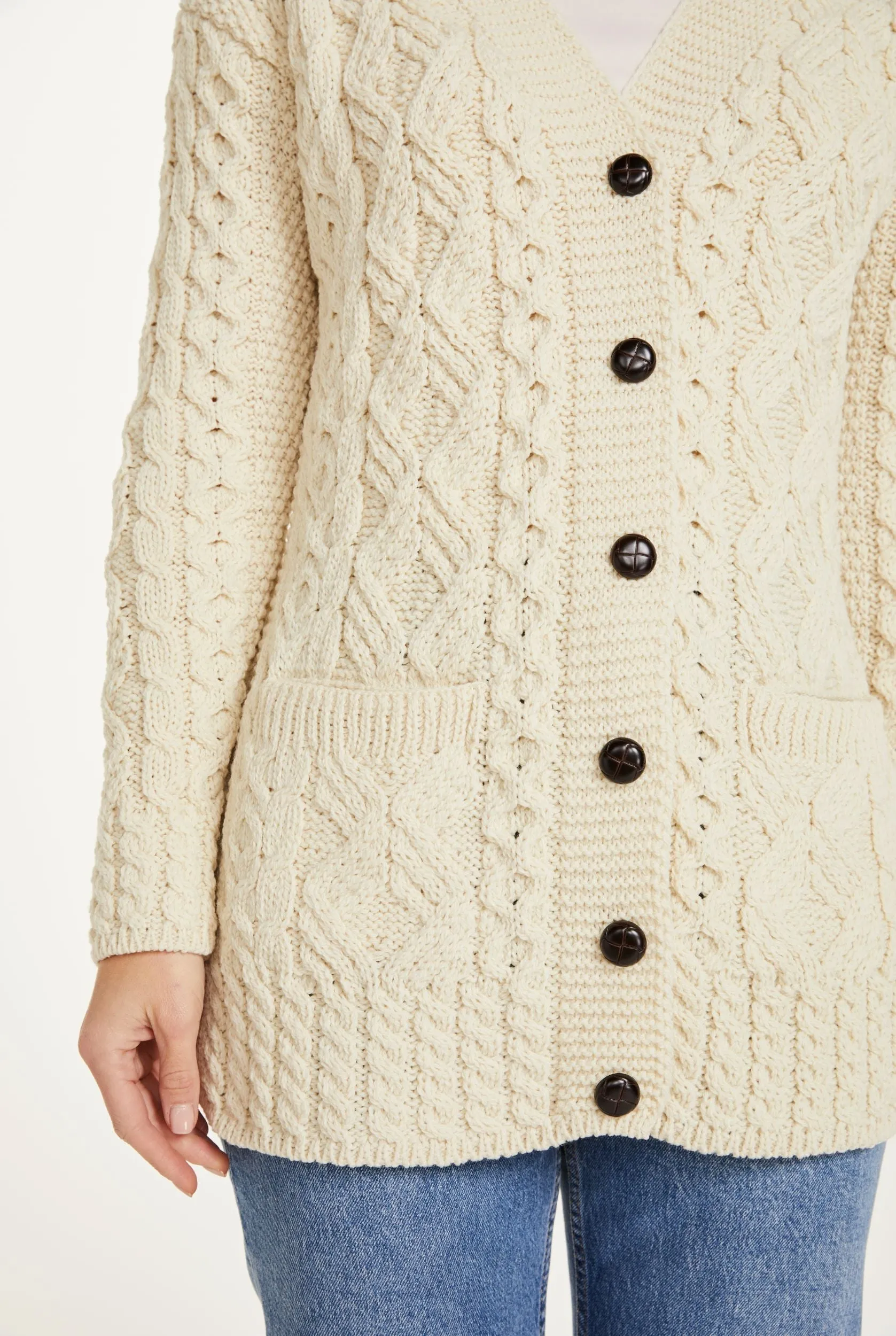 Ladies Long Line Button Cable Cardigan