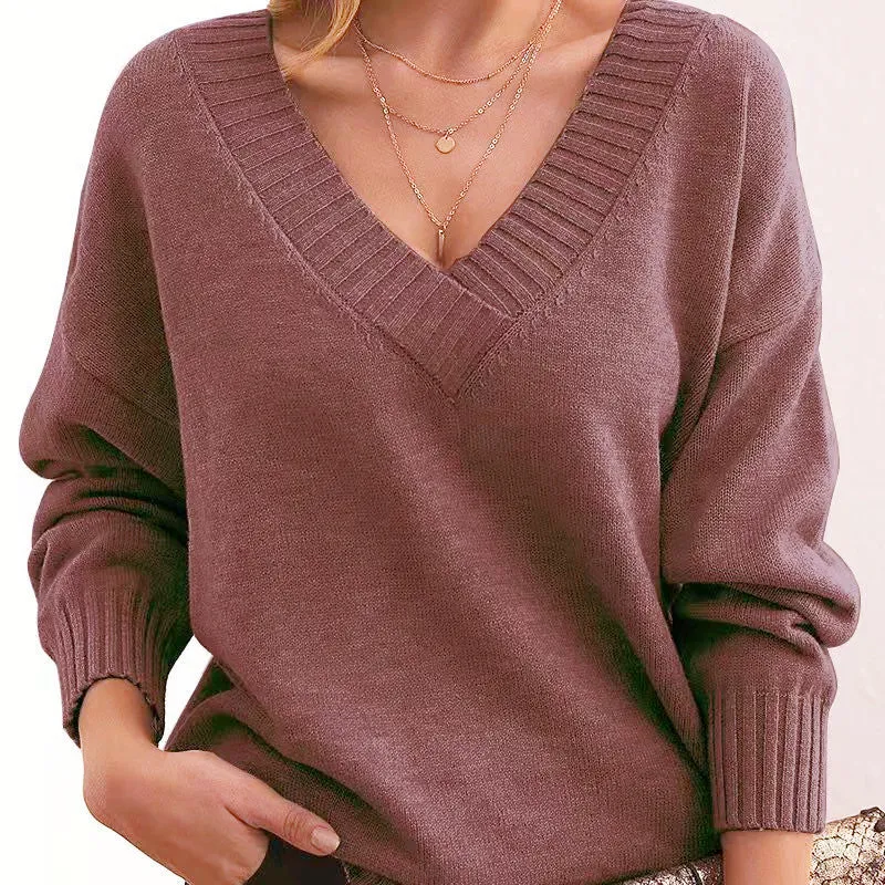 Long Sleeve V Neck Loose Sweaters Knit Pullover