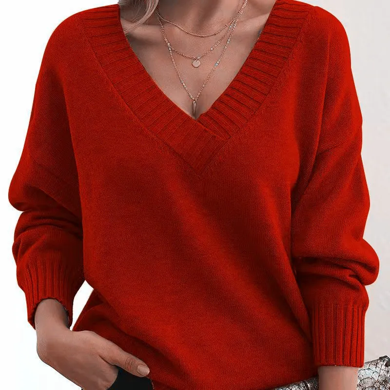 Long Sleeve V Neck Loose Sweaters Knit Pullover