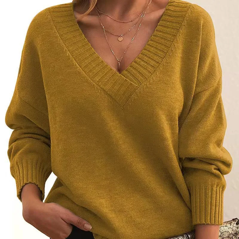 Long Sleeve V Neck Loose Sweaters Knit Pullover