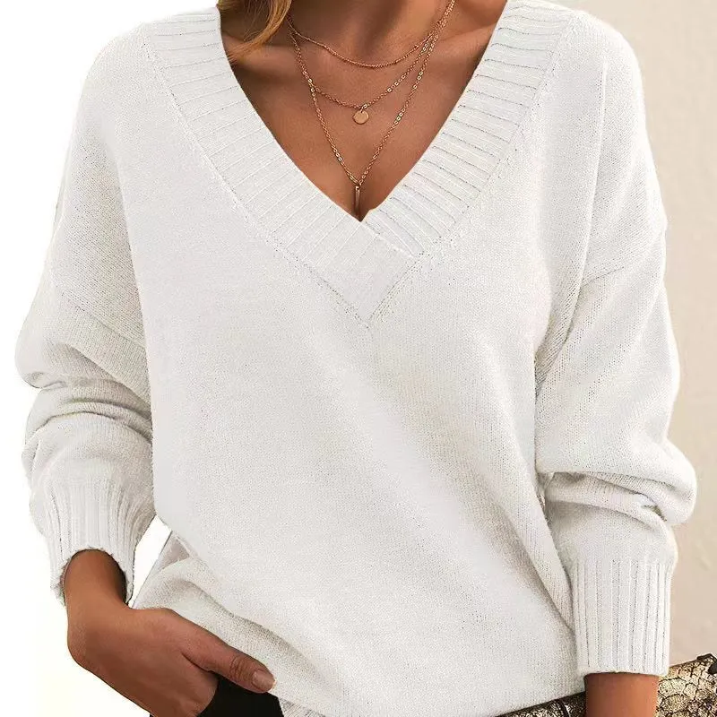 Long Sleeve V Neck Loose Sweaters Knit Pullover