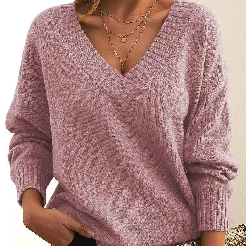 Long Sleeve V Neck Loose Sweaters Knit Pullover