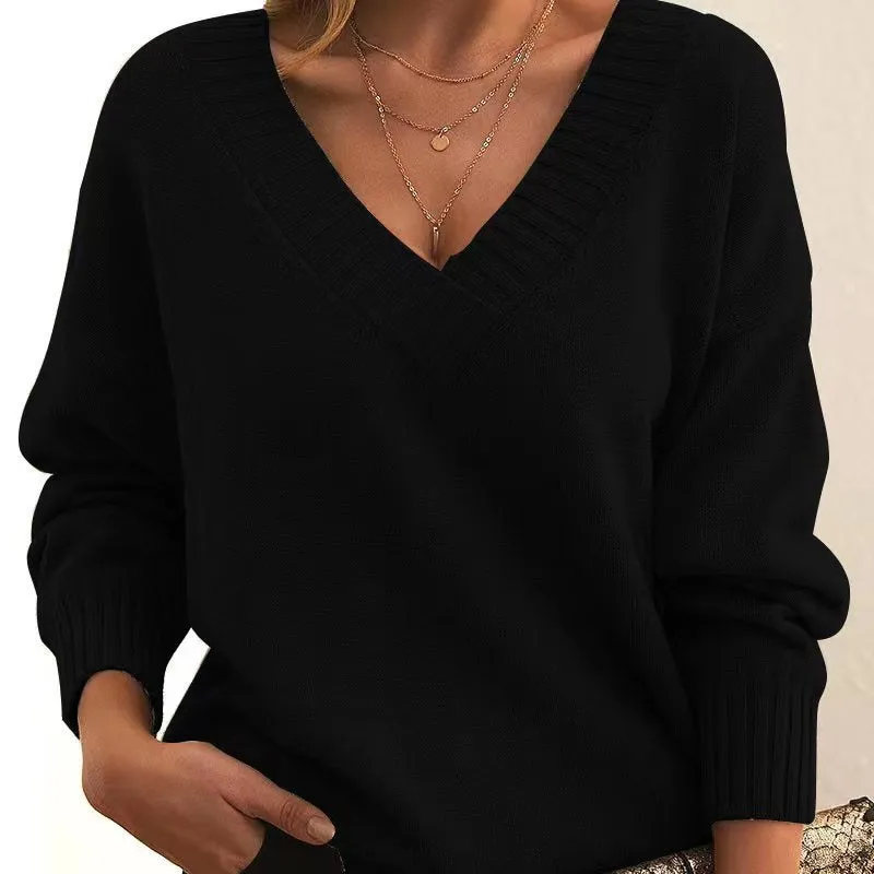 Long Sleeve V Neck Loose Sweaters Knit Pullover